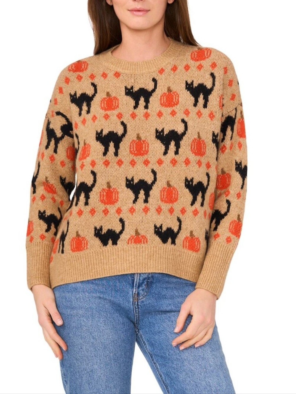 Vince Camuto Oversized Tan Sweater with Black Cats and Orange Pumpkins Size S